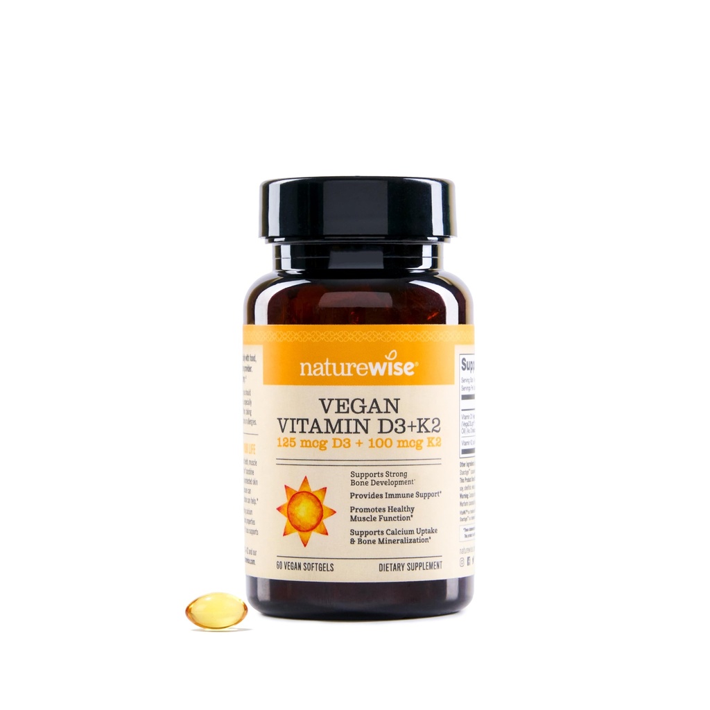 NatureWise Vegan Vitamin D3 + K2 - Organic D3 5000IU + Vitamina Naturale K2 100mcg - Bone Support - Alto assorbimento con olio di oliva a freddo biologico - Non OGM