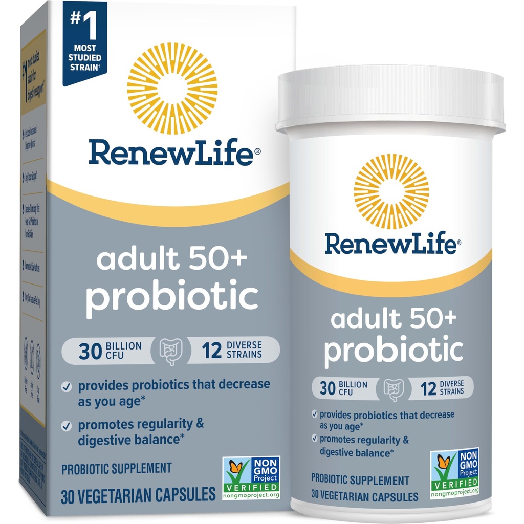 Adulto Probiotico 50 Plus Capsule Probiotici, Supplemento giornaliero Supporta Salute urinaria, Digestiva e Immune, L. Rhamnosus GG, Daieria, Soia e senza glutine, 30 miliardi di CFU, 30 conte