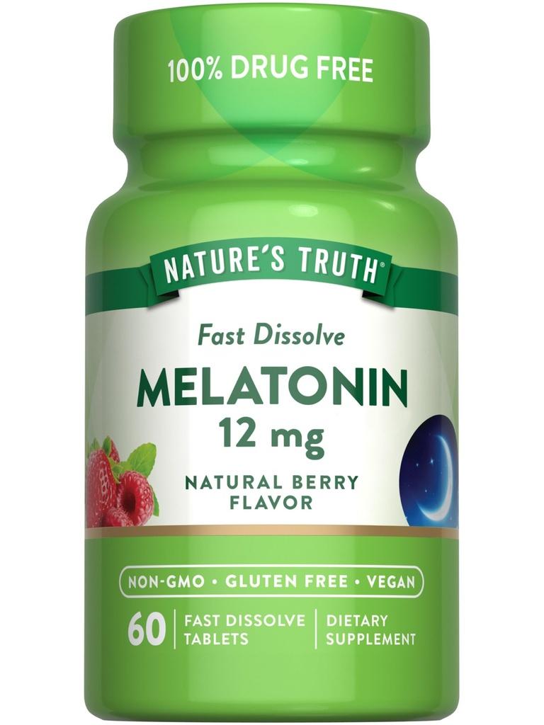 Melatonina 12mg | 60 compresse di dissolvenza rapida | Natural Berry Flavor | Vegan, Non OGM & Gluten