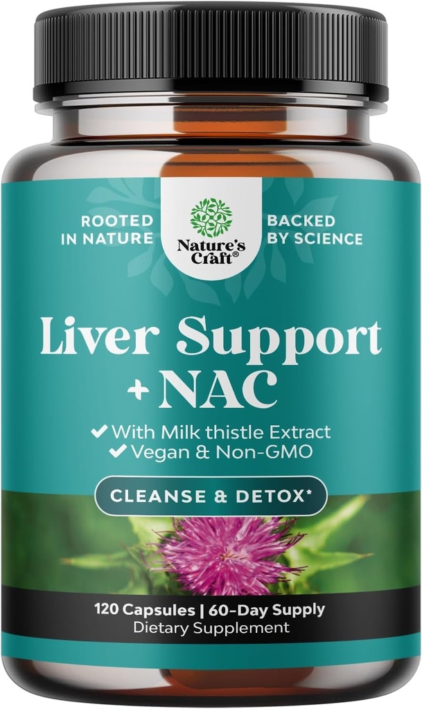 Supporto per fegato NAC Supplemento con cardo per la pulizia del fegato Detox & Repair - N Acetyl Cysteine Supplement Liver Cleanse with Antioxidants, Turmeric, Choline, Dandelion & L-Glutathione - 120 Caps