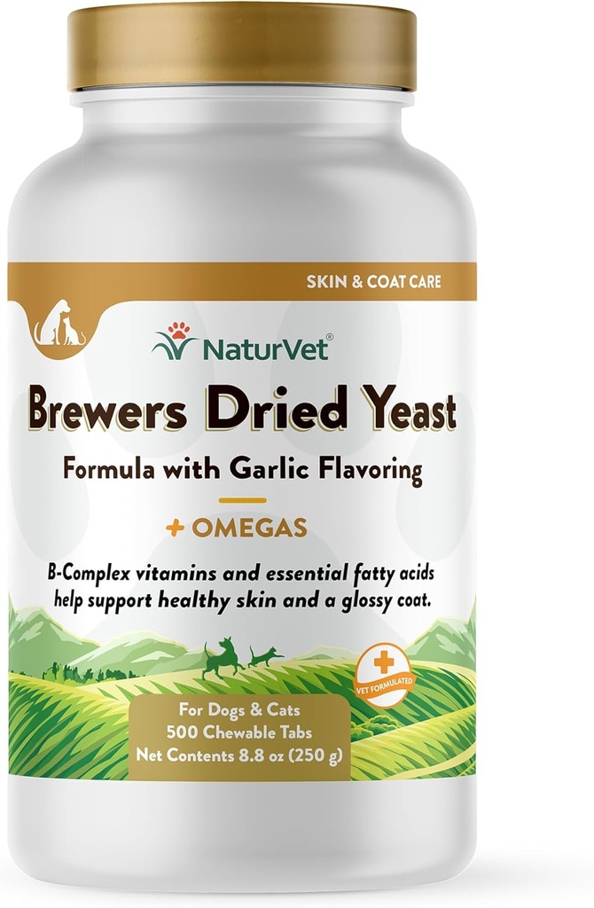 NaturVet Brewer's Dried Yeast Pet Supplement con Aglio Aromaing - Include vitamine B-Complex, Omega-3, 6, & 9 acidi grassi - Aiuta a sostenere cappotto lucido, pelle sana per cani, gatti 500 Ct.