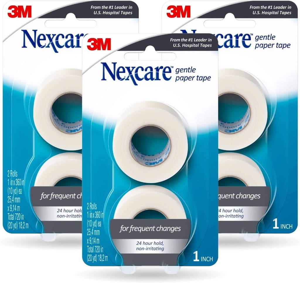 Nastro di carta Gentle di Nexcare, Nastro di carta medica, Proteggi Abiti e ascensori Away Gently - 1 In x 10 Yds, 6 rotoli di nastro