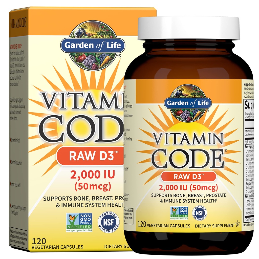 Giardino della vita Vitamina D, Vitamina D3, Vitamina D 2000 IU, Alimenti integrali crudi D3 Integratori con clorella, frutta, verdura e probiotici per la salute biologica e immunitaria, 120 capsule vegetariane