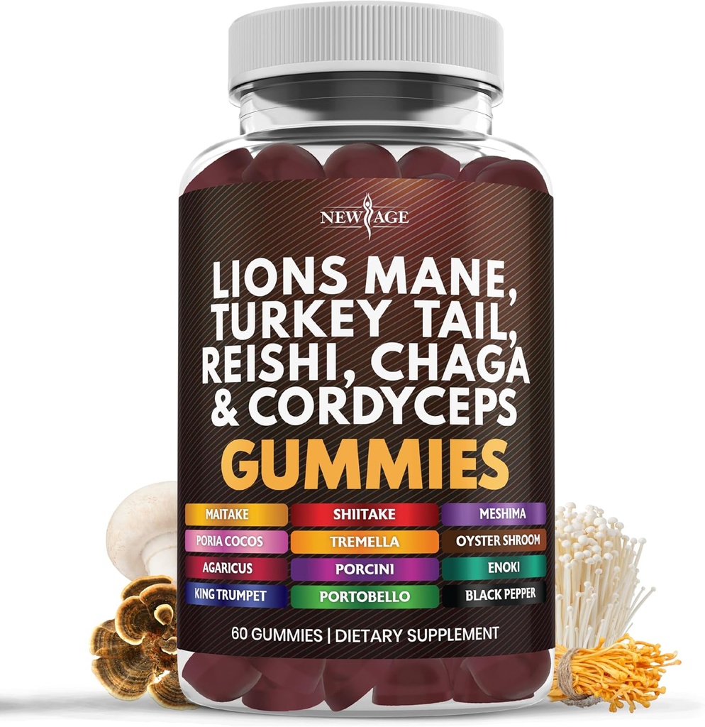 NUOVO AGE Mushroom Lion's Mane Supplement Gummies - Mushroom Supplement con Reishi, Cordyceps - 60 Conte