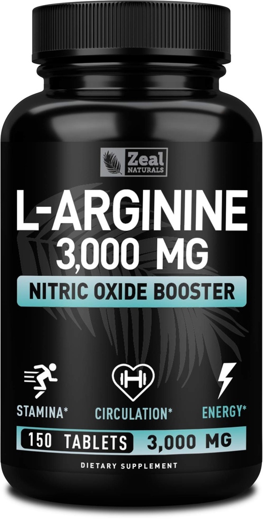 Zeal Naturals L Arginina 3000mg capsule (150 compresse | 1000mg) Dose massima L-Arginina Nitric Oxide Supplemento per sostenere la crescita muscolare, la funzione vascolare e l'energia - Nitric Oxide Booster