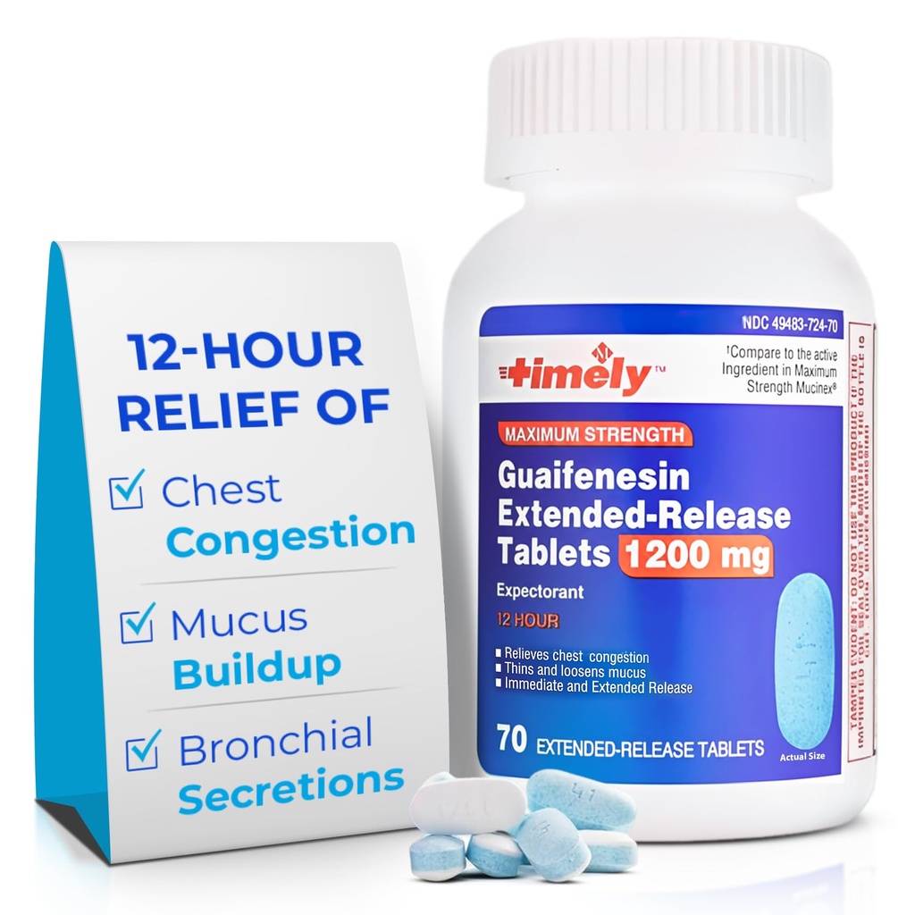 TIME-CAP Los Angeles, INC. Timely Guaifenesin 1200 mg Extended Release Tablets - Expectorant Mucus Relief & Chest Congestion Relief per adulti - dura fino a 12 ore - 70 conte