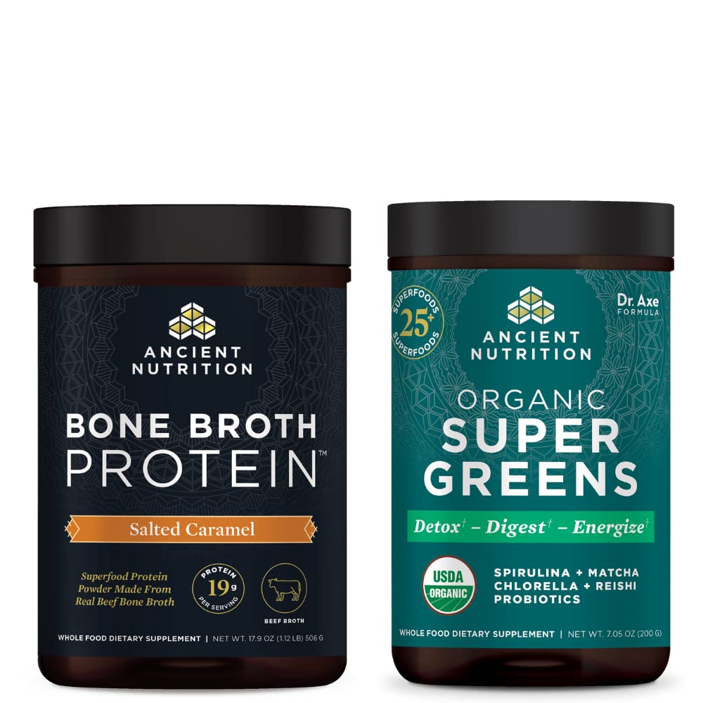 Antica Nutrition Bone Broth Protein Powder, Caramel salato, 20 Serve + Polvere Superverde Organica, Greens Flavor, 25 Serve