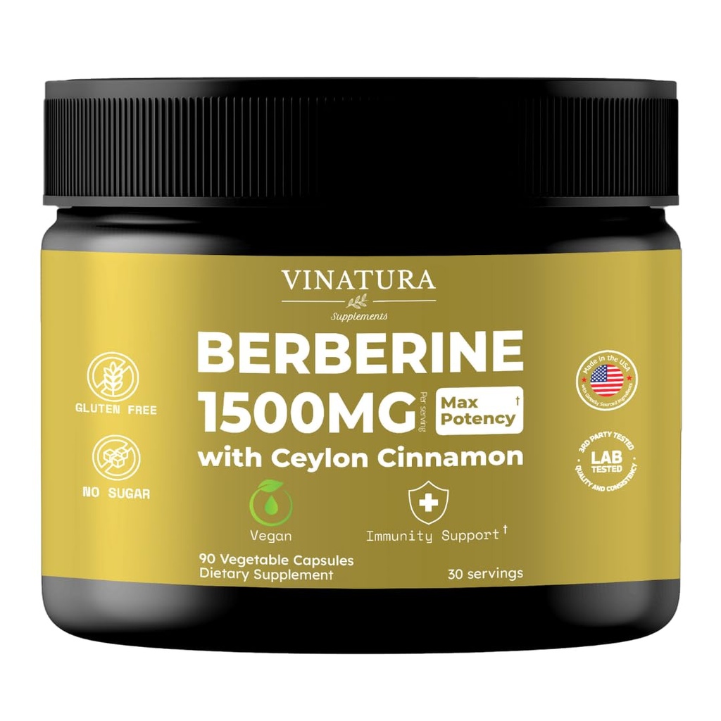 VINATURA Berberina 1500mg - Integratore di Berberina con Cannella di Ceylon, Max Potency Berberine HCL - 90 capsule
