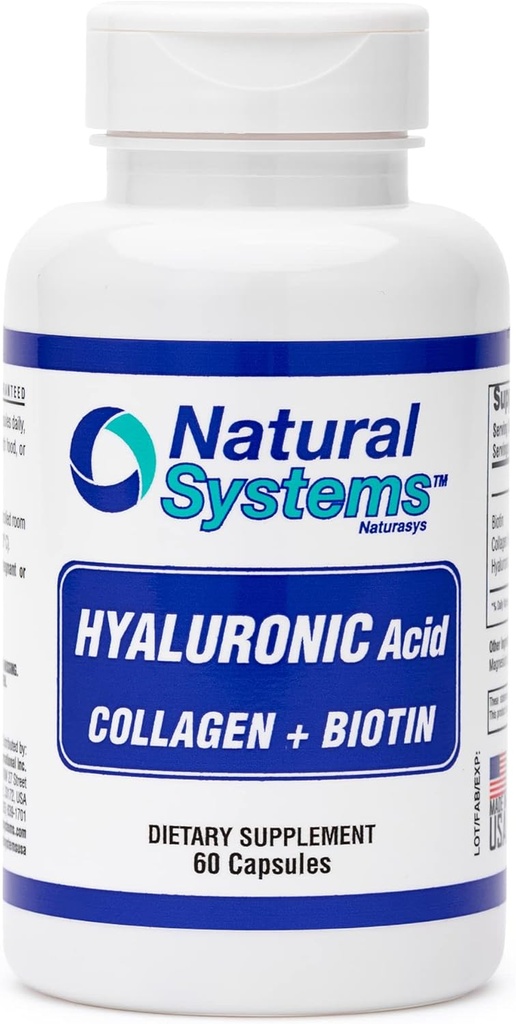 Acido ialuronico Plus Collage e Biotin 60 capsule di sistemi naturali - Acido Hialuronico Capsule per assorbimento potenziato - Integratore di acido ialuronico idraulico per pelle - Pelle forte, capelli, unghie