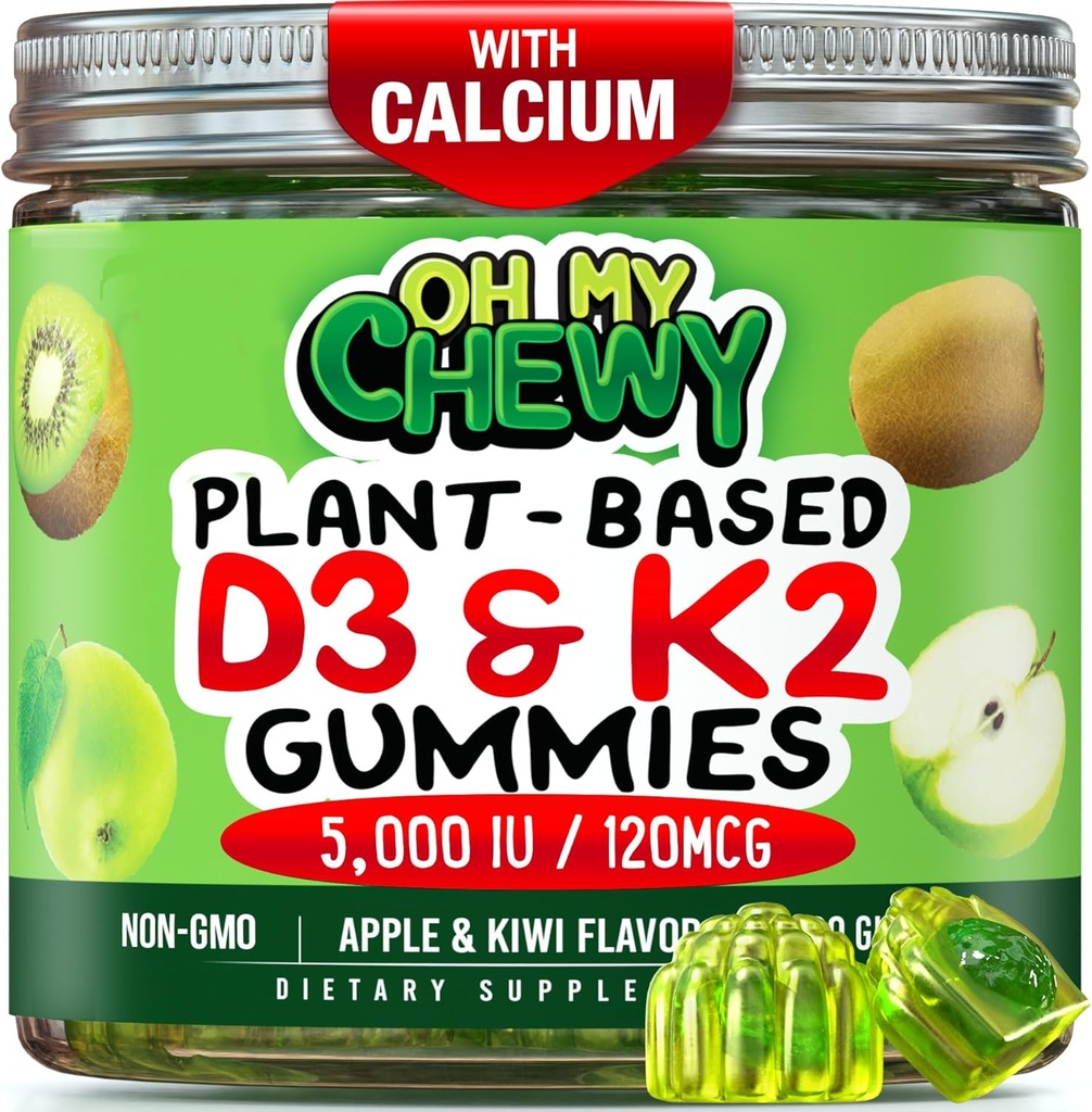 Vitamina D3 K2 Gummies - Bambini, Adolescenti & Adulti - Supplemento per denti sani, ossa, energia e immunità - 5000 IU D3, 120 mcg K2 (MK-7), 120 mg Calcium - Vegan & Non-GMO - 60 Conte