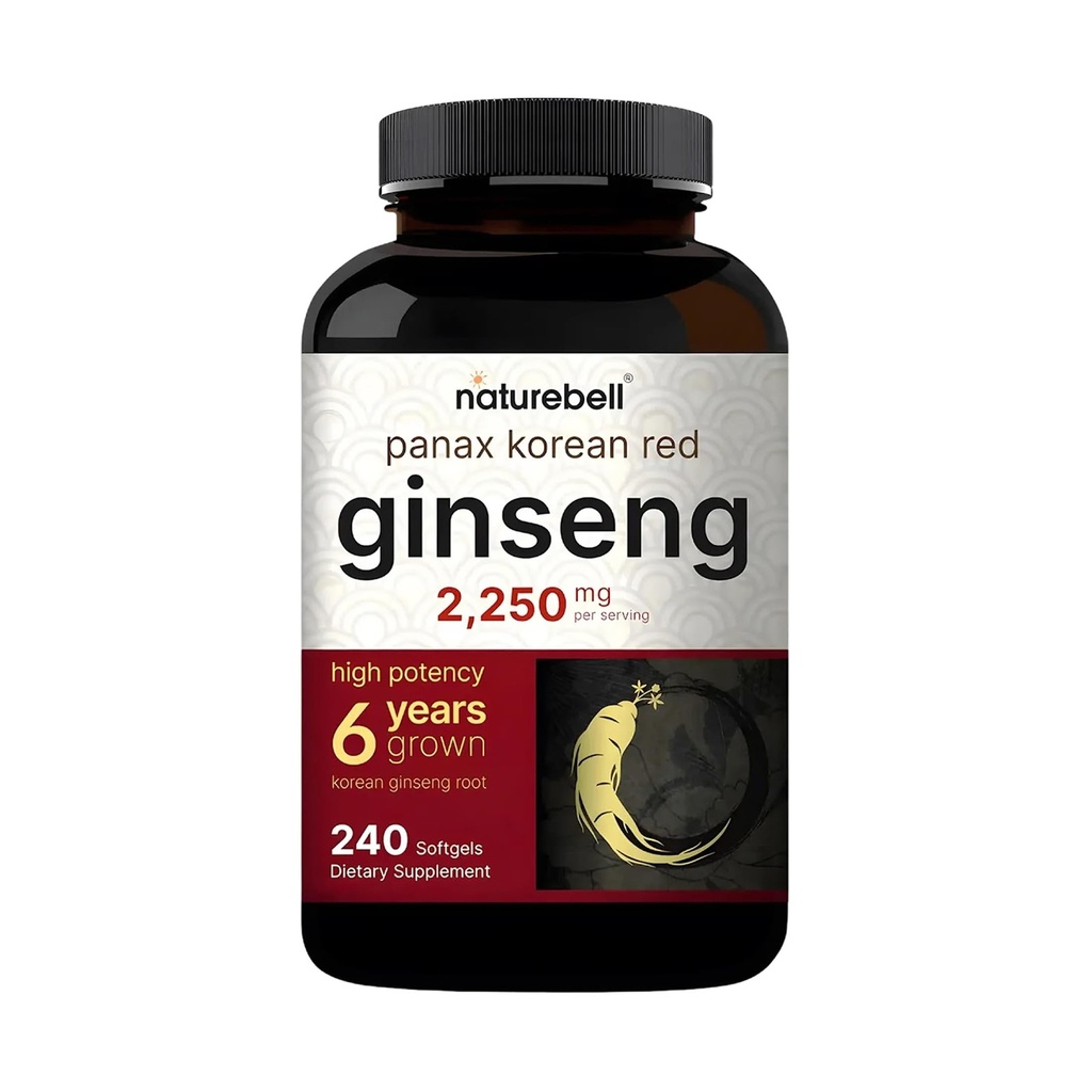 NatureBell Korean Red Ginseng 2,250mg Per Serving, 240 Softgels | Panax Ginseng Root, Standardizzato al 10% Ginsenosides, Non-OGM, Support Energy, Maschio Performance, & Immune System