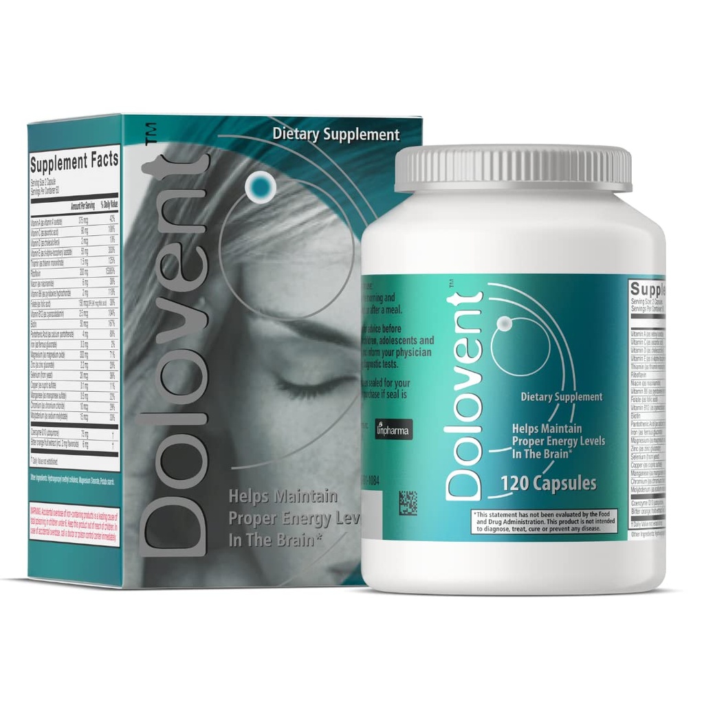 Dolovent - Natural Migraine Relief con Magnesio per Migraine, Vitamina B2 400mg, CoQ10 - Integratore alimentare per la salute del cervello - 1 bottiglia