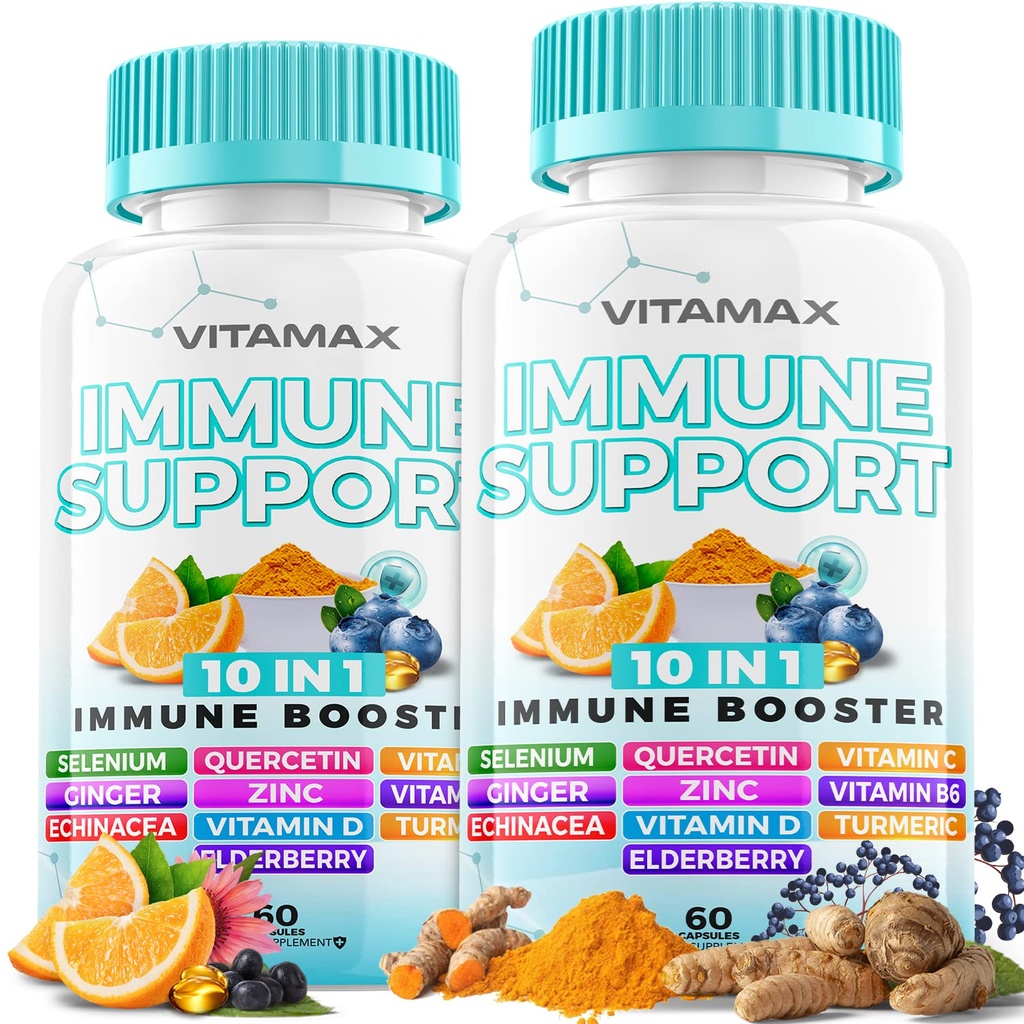 10-in-1 Supporto Immune con Elderberry, D3, Selenium, Quercetin, Zinco, Vitamina C, Ginger, Curcumina Turca, B6, Echinacea – Difesa Immune – Made in USA (60 Conteggio (Pacchetto di 2))