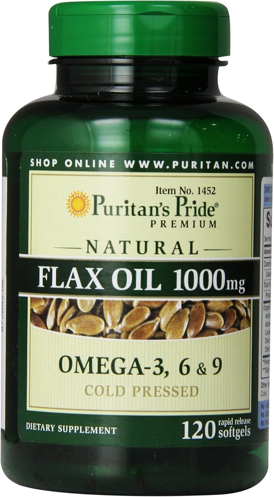 Puritan Pride Premium Natural Flax Oil 1000 mg Omega-3, 6 & 9 Cold Pressed, 120 Softgels