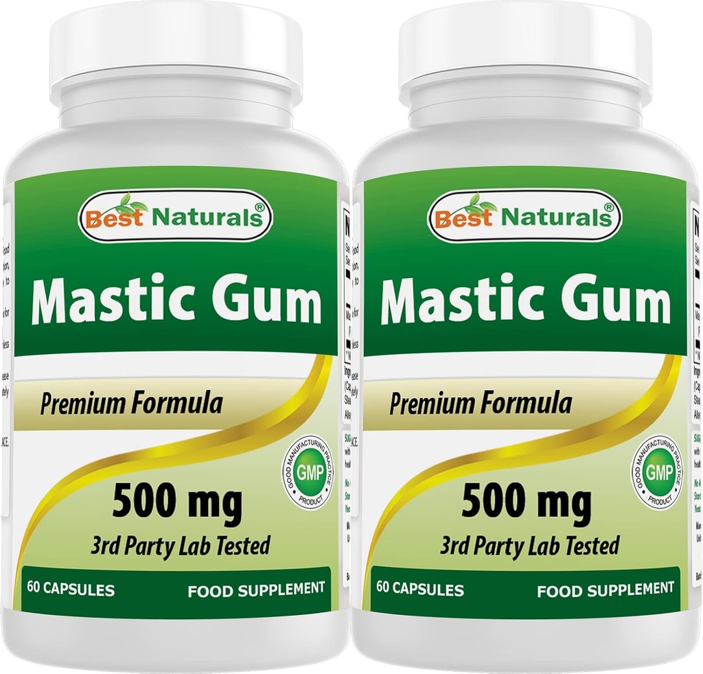 Best Naturals 2 Pack Mastic Gum Capsule 500 mg - 60 Count - (Non OGM) (Gluten Free) - Promuove sana Stomach & Duodenal Health - (Totale 120 Capsule)