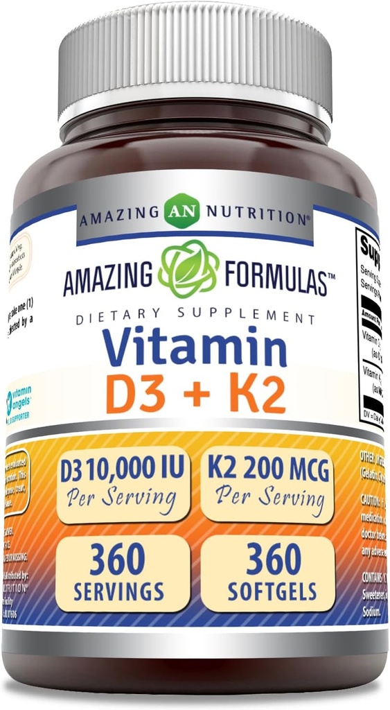 Stupefacente formula vitamina D3 10000 IU con vitamina K2 200 Mcg | D3 + K2 supplemento complesso | Non OGM | senza glutine made in USA (1 pacchetto, 360 conte)