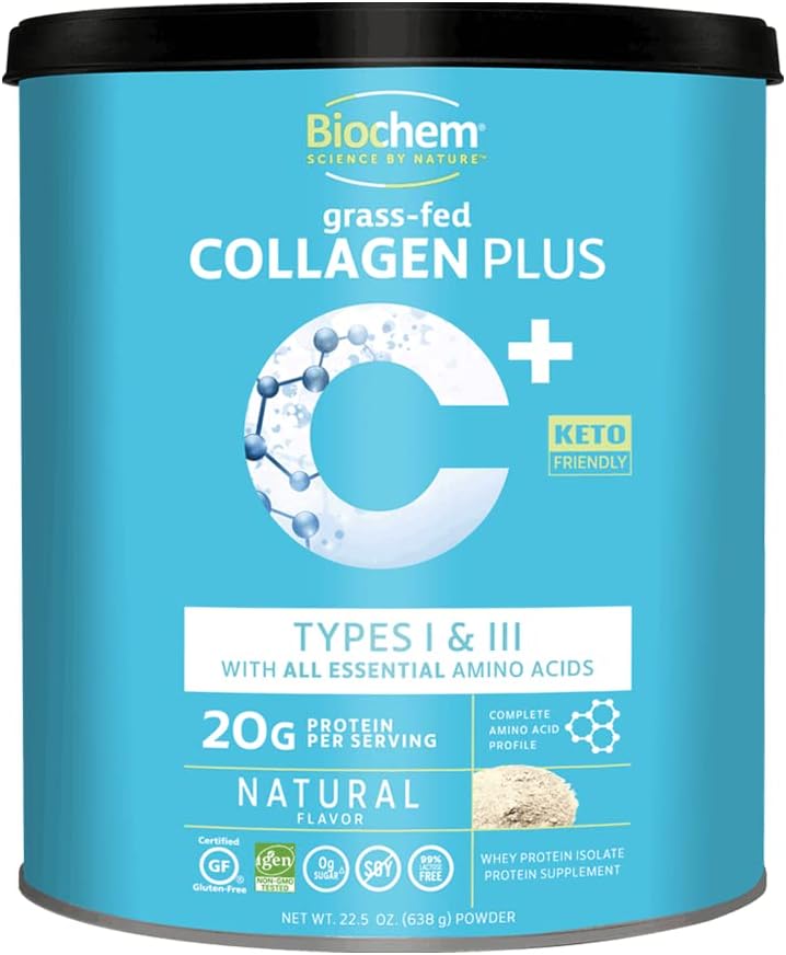 Biochem Collagen Plus Protein - 1.4lb - Natural Flavor - 20g di Collagen Protein Powder - Promuove capelli, pelle, unghie, Joint & Bone Health - Aminoacido - Keto-Friendly - Soft Tissue Support