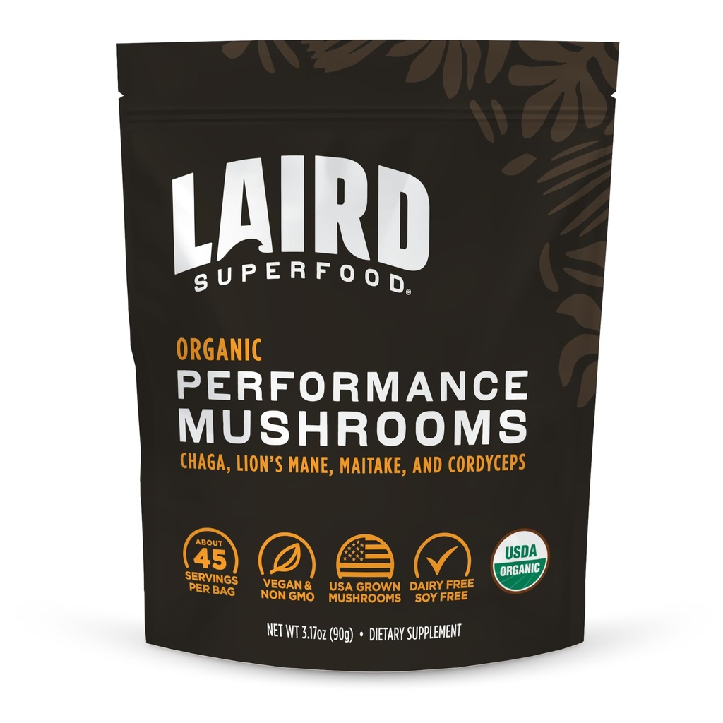 Laird Superfood Organic Performance Mushroom Blend with Chaga, Cordyceps, Lion's Mane e Maitake for Energy and Cognition, 3.17 oz. Borsa, Confezione da 1