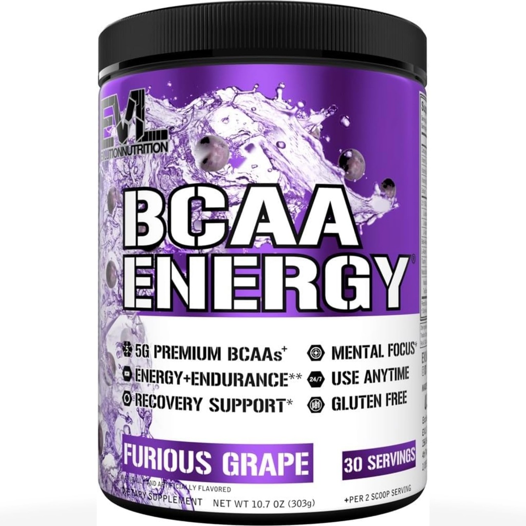 EVL BCAAs Aminoacidi Polvere - BCAA Energy Pre Workout Polvere per il recupero muscolare magra crescita e resistenza - Reidratando Post Workout Recovery Drink con caffeina naturale - Uva furiosa