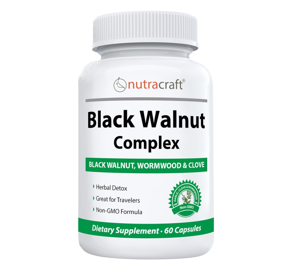 Nutracraft Black Walnut Detox Cleanse Supplemento | Noce Nera, Wormwood, Clove, PAU D'Arco, Pumpkin Seed, Aglio, Zinco | Protezione intestinale per gli esseri umani | 60 capsule