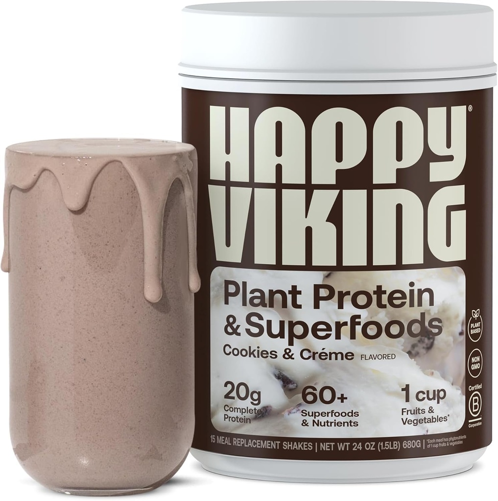 Happy Viking Cookies and Cream Plant Protein Powder, Creato da Venus Williams, 20G Protein, Low Carb, Keto, Vegan, Gluten-Free, Non-GMO, Superfoods, Sostituzione Meal completa, 1 Canister