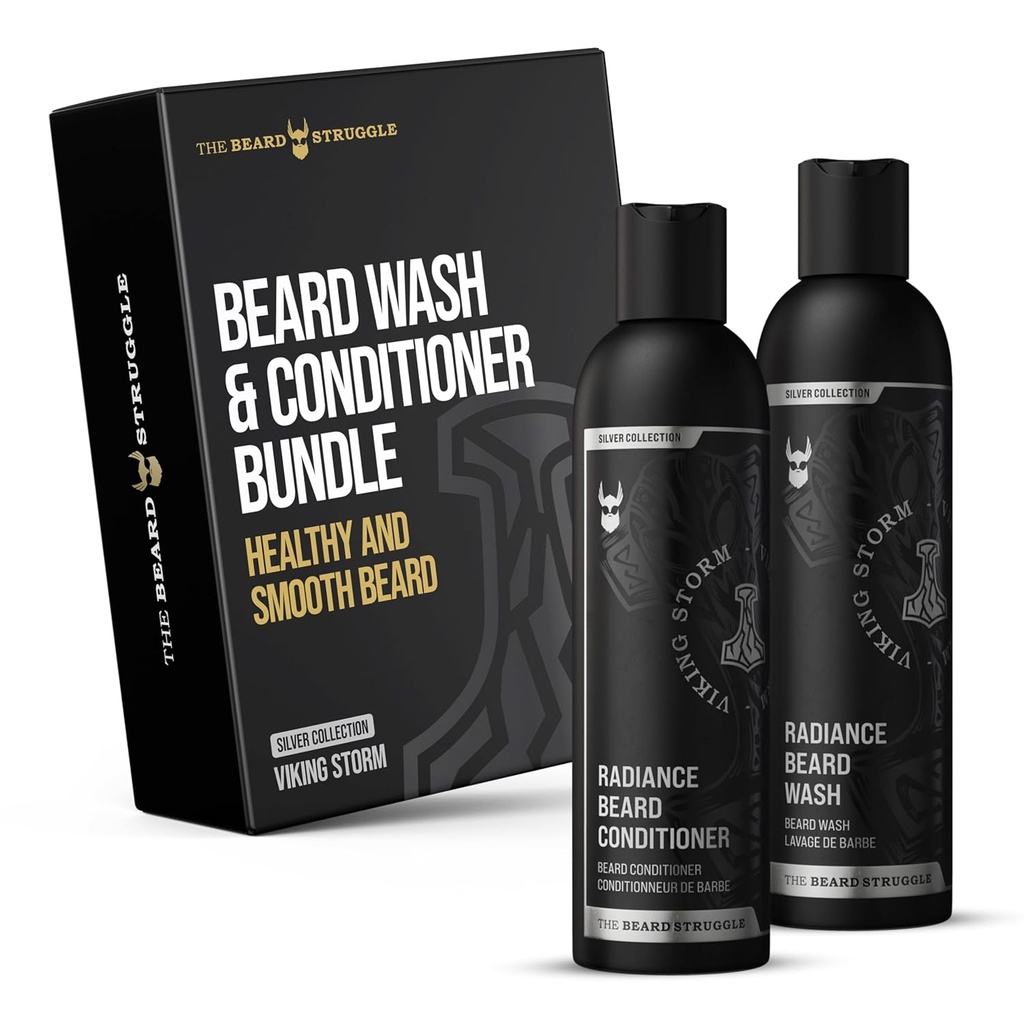 Il Cuscinetto Struggle - Radiance Beard Wash & Conditioner Bundle - Silver Collection - Pack of 2, Viking Storm - Nourish, Cleanse, Softens, & Strengthens Beard - Beard Wash and Conditioner for Men