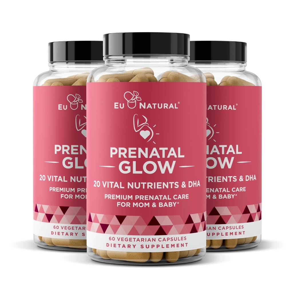 Vitamine Prenatali Glow per le donne Bundle 3-Pack – 20-in-1 Nutrienti vitali per la gravidanza sana e lo sviluppo fetale – Acido Folico & Vegan DHA per la crescita del bambino e una gravidanza confortevole – 180 capsule