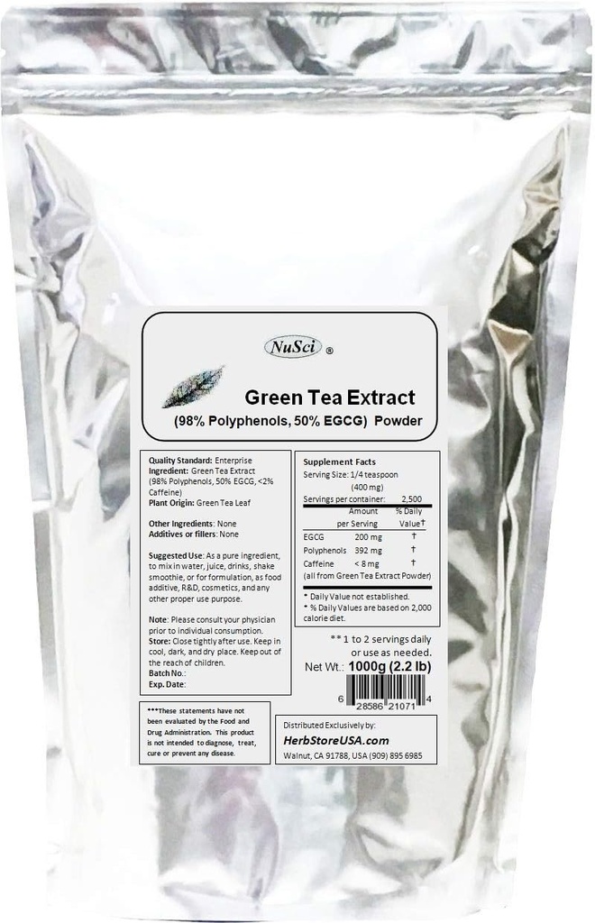 Estratto di tè verde Bulk Powder Standardized 98% Polifenoli e 50% EGCG OGM Libero non irradiato (1000 grammi (2.2 lb))