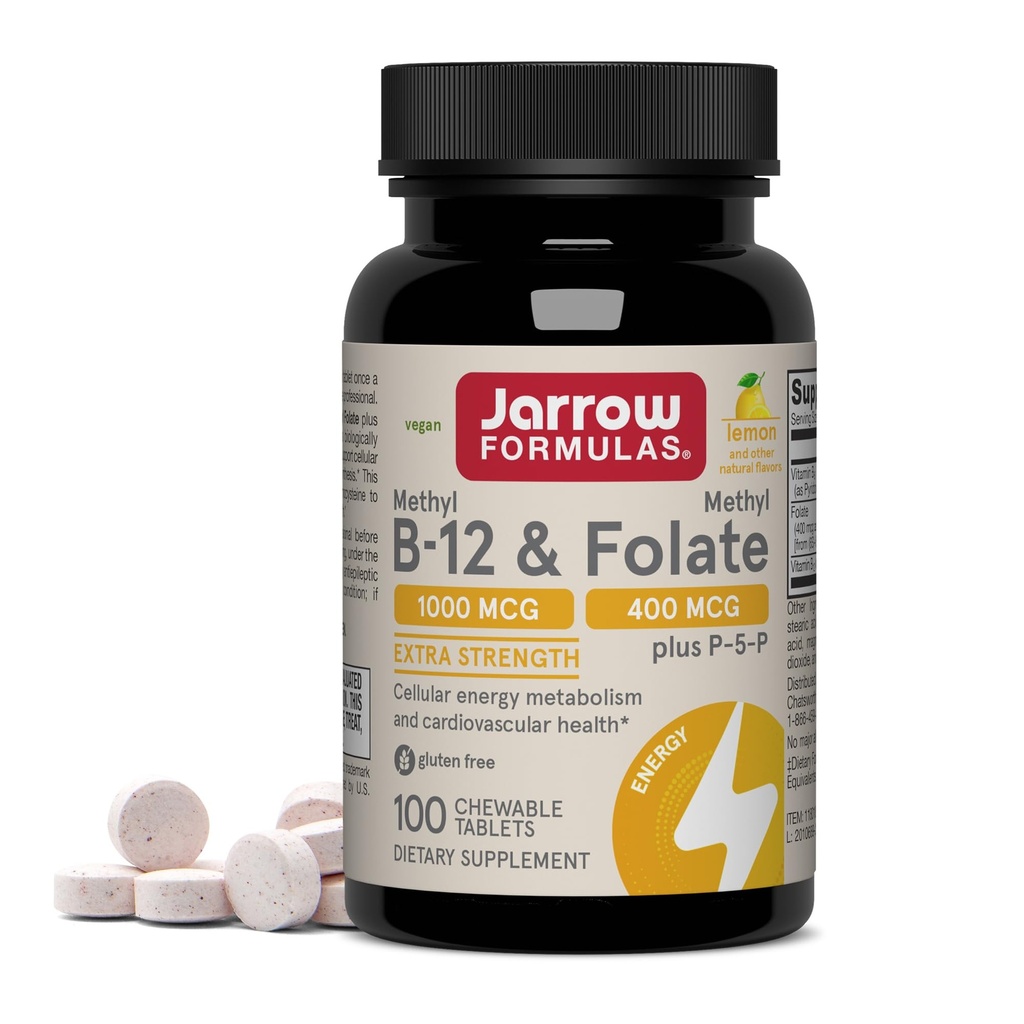 Jarrow Formulas Methyl B-12 1000 MCG e Methyl Folate 400 MCG, Extra Strength, Cellular Energy Metabolism and Cardiovascular Health Formula(1) Con P-5-P, 100 Chewable Tablets, Fino a 100 giorni di alimentazione