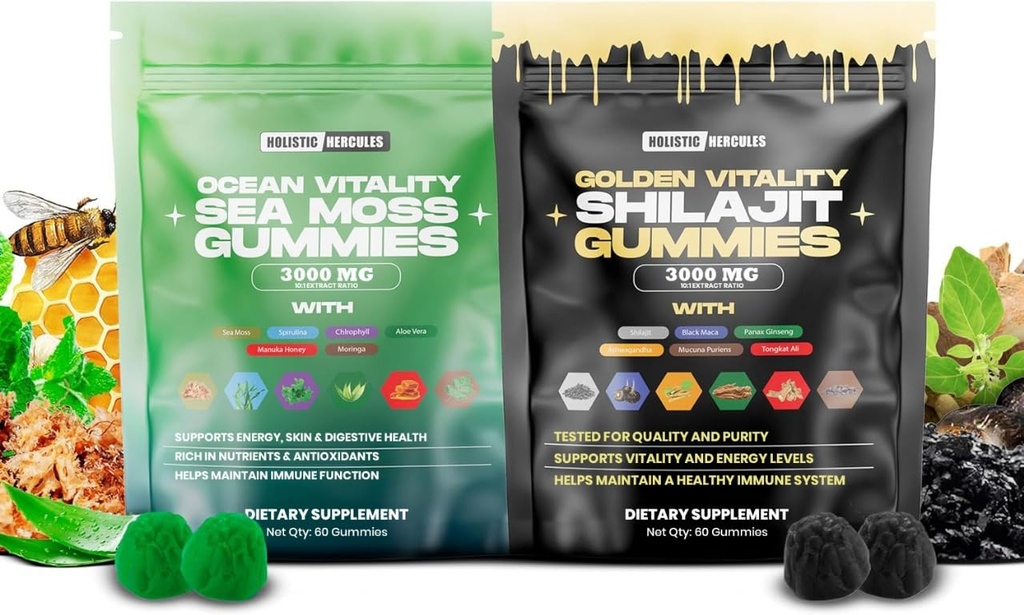 Olistic Hercules Sea Moss & Pure Himalayan Shilajit Gummies Oro | 100% Natural Organic Vegan | No Aggiunto Sugar | Ashwagandha Tongkat Ali Ginseng Spirulina Moringa Manuka Honey | 60 Gummies 2 Pack
