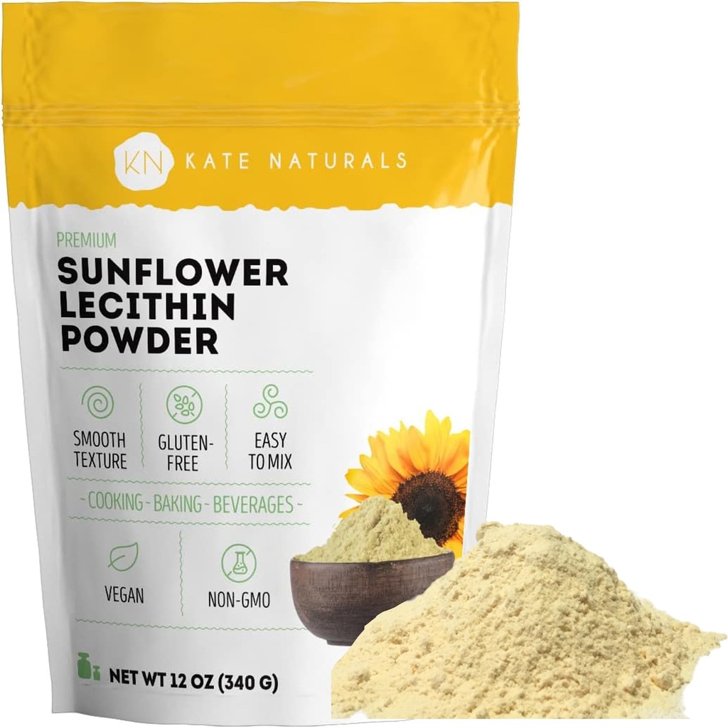 Kate Naturals Polvere di lecitina di girasole per cuocere pane, gommoni, cucina. Integratore di lecitina per latte intasato. Sostituto per la polvere di lecitina di soia (12oz, non OGM)