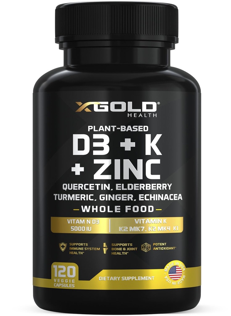 Vitamina D, K2, K1, Zinco, Quercetina, Elderberry, Turmerico, Ginger & Echinacea Integratore Alimentare Intero 8 in 1- D3 5000 IU Plant-Based da Lichen, Vitamina K (K2 MK7, MK4, K1), D3 K2 Vitamine -120 Capsule