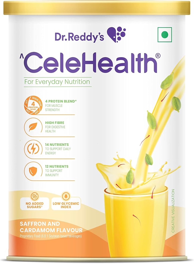 Dr. Reddy’s Celehealth Nutritional Drink, Integratore proteico per uso quotidiano, Basso indice glicemico, Zero Aggiunto Zucchero, Zafferano e Cardamono Flavour, 400g, Giallo