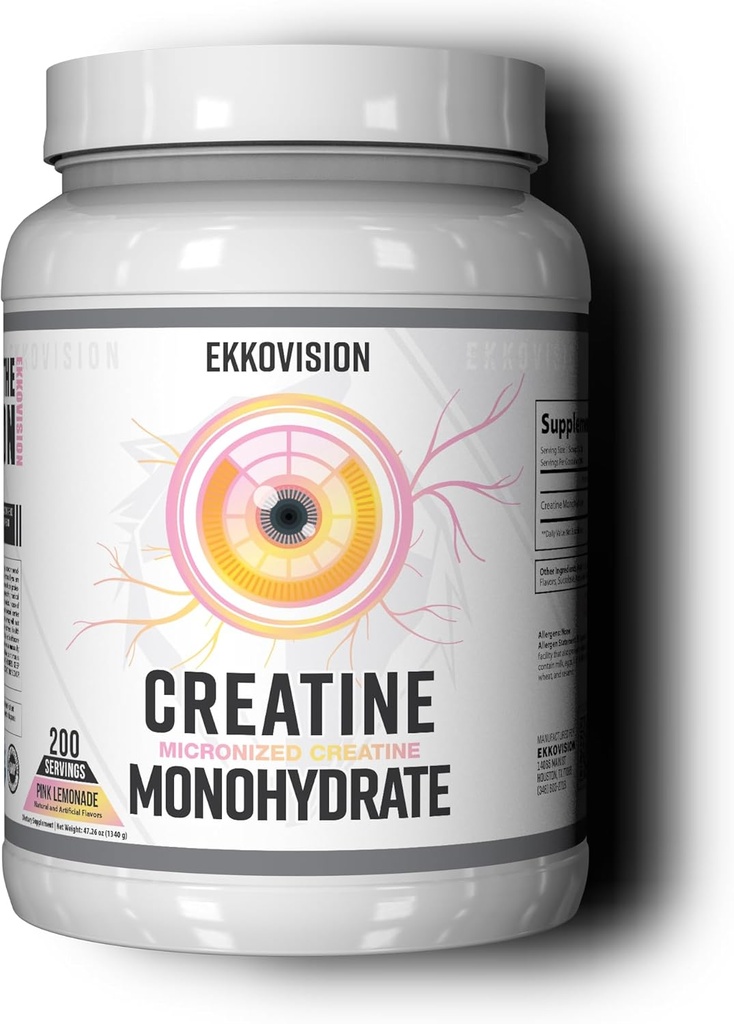 Polvere monoidrata della creatina di Ekkovision, micronizzata, limonata rosa, pre allenamento e post allenamento supplemento per gli uomini e le donne, supporto energetico, facile da mescolare in Shakes, Smoothies & Beverages, 200 Serve