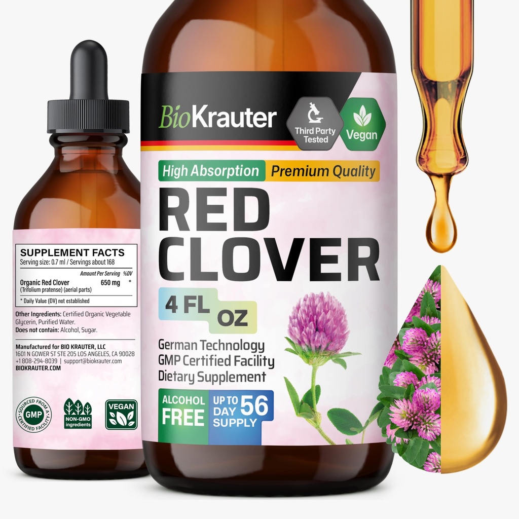 BIO KRAUTER Red Clover Tincture - Estratto di Clover rosso - Supplemento liquido per il supporto delle donne - Alcol e Zucchero Libero - Vegan Drops 4 Fl.Oz.