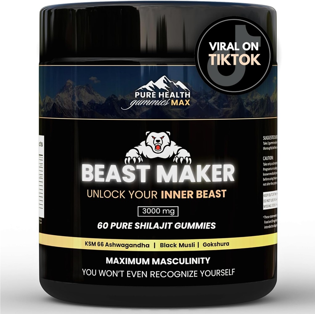 Beast Maker - Pure Shilajit Gummies per gli uomini | Natural Himilayan Organic Shilajit Autentico Male Enhancement Supplement con Ashwagandha, Black Musli, Gokshura | 60 Gummies