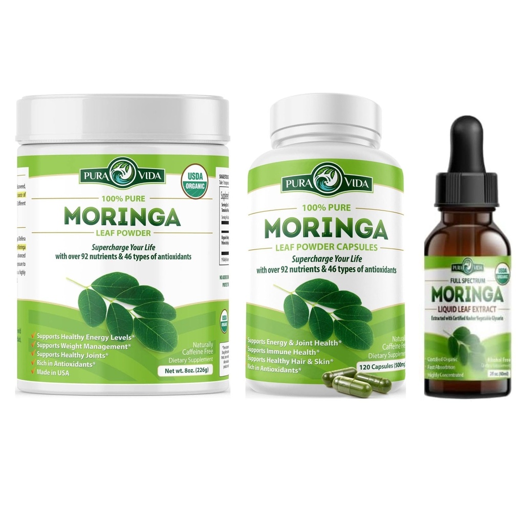 PURA VIDA MORINGA Polvere 8 oz capsule (120 conte) e gocce di Estratto di foglie di chicco di caffè (2fl oz)