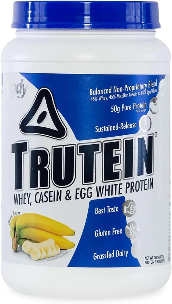 Polvere proteica alta della Truteina di nutrizione del corpo: 45% Whey, 45% Casein, 10% bianco dell'uovo, senza glutine, basso sodio, polvere di proteine del siero dell'erba, supplemento di palestra & Shake di colazione, crema di banana, 2lb
