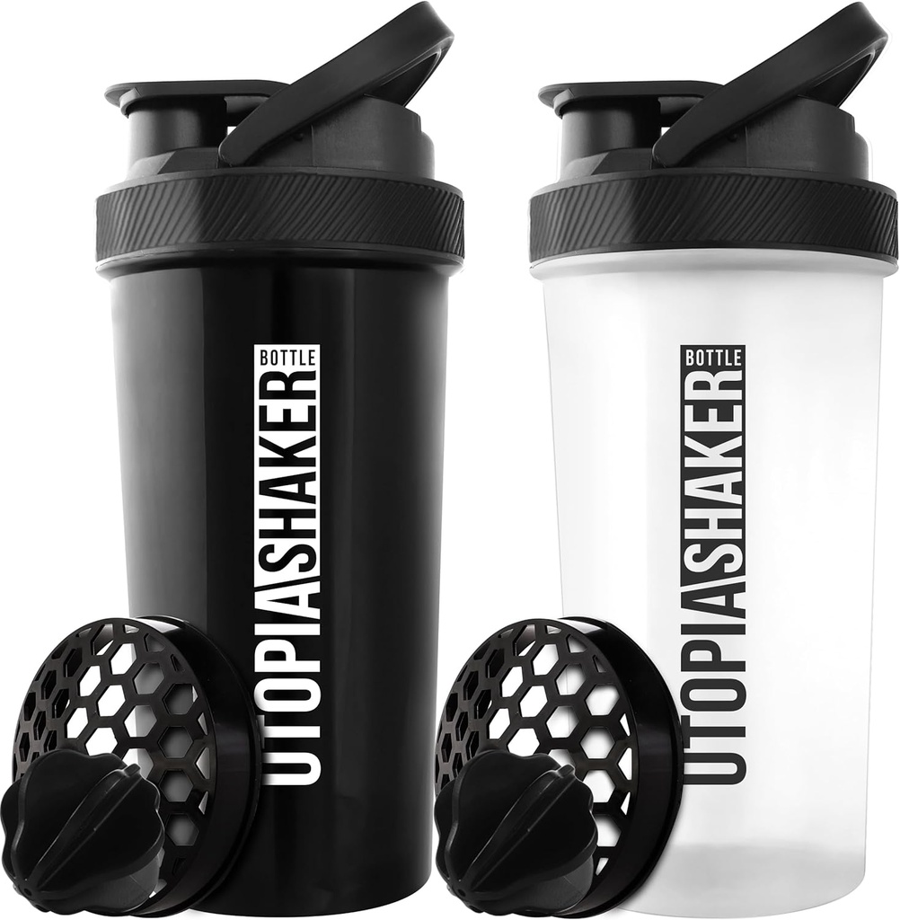 Utopia Home Protein Shaker Bottiglia - (Pacchetto di 2) 28 once Shaker bottiglie per miscele proteiche - Fitness Sports Classic Protein Mixer Shaker Bottiglia (nero & Clear/nero)