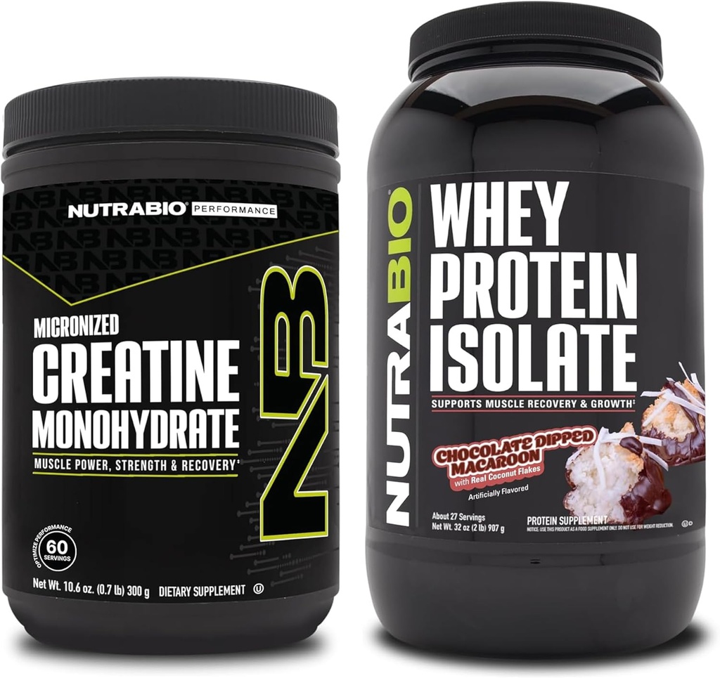 NutraBio Creatina monoidrato, non aromatizzato, 300g e isolato di proteine del siero di siero, cioccolato Dipped Macaroon, supplemento Bundle - energia muscolare, crescita muscolare magra, recupero e resistenza