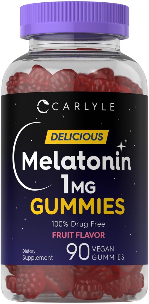 Carlyle Melatonin 1mg Gummies | 90 Count | Fruit Flavor Gummy Supplement | Vegan, Non OGM, Gluten Free