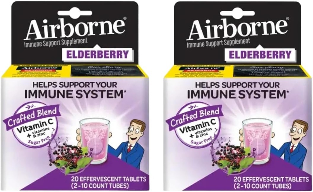 Estratto di mirtillo + vitamina C 1000mg (per porzione) - Compresse effervescenti Airborne (20ct), Integratore di supporto immunitario senza glutine, con Vitamine A C E, ZINC & Selenium, Sugar Free (Pack of 2)