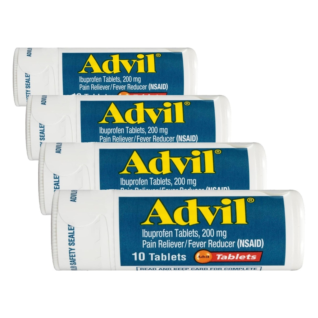 Advil Pain Reliever e Fever Riduttore, Pain Relief Medicine con Ibuprofen 200mg per Mal di testa, Backache, Dolore mestruale e Joint Pain Relief - 10 compresse rivestite (Pack of 4)