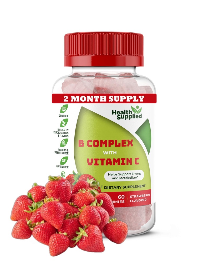 Fragola aromatizzata Vitamina B complesso Gummies - B complesso con vitamina C - Supporta il sistema nervoso e potenzia i livelli di energia - Assist con funzione cognitiva - Grande degustazione e facile da ingoiare