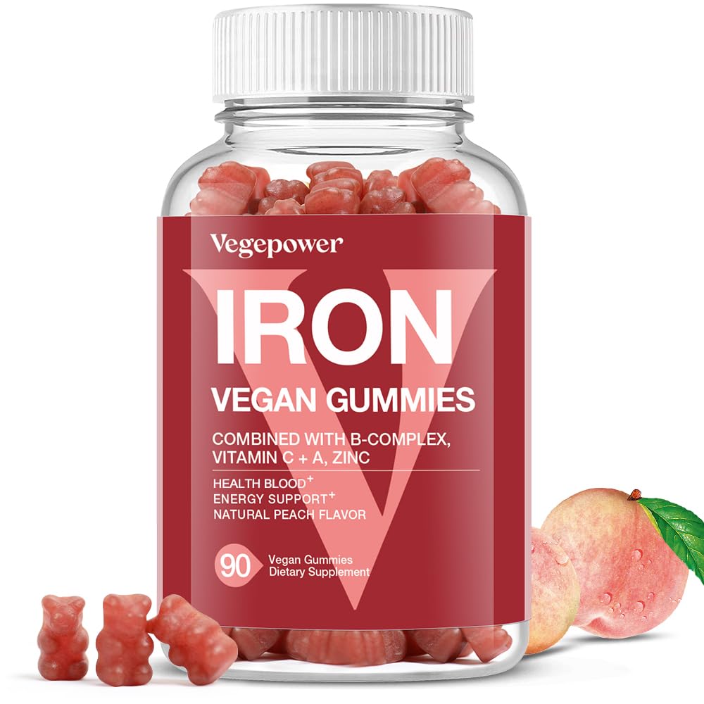 Integratore Vegan Iron Gummies - con Vitamina C, A, B-Complex, Folate, Zinco per Adulti & Kids - Sanità Sangue & Energy Support per la carenza di ferro, Anemia, No After Taste - Peach Flavor (90 Ct)