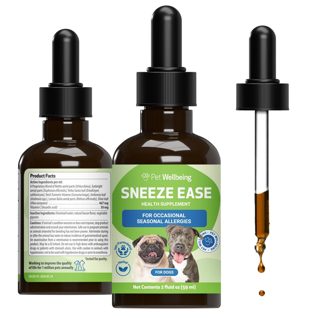 Pet Wellbeing Sneeze Ease per Cani - Sneezing occasionale, Allergie stagionali, Nose & Eye Discomfort, Eyebright, Nettles - Veterinarian-Formulated Herbal Supplement 2 oz (59 ml)
