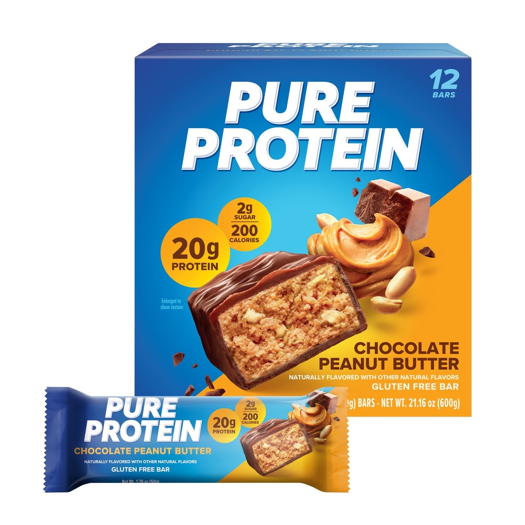 Pure Protein Bars, High Protein, Spuntini nutrienti per sostenere l'energia, basso zucchero, senza glutine, burro di arachidi al cioccolato, 1,76oz, 12 conte (Packaging May Vary)