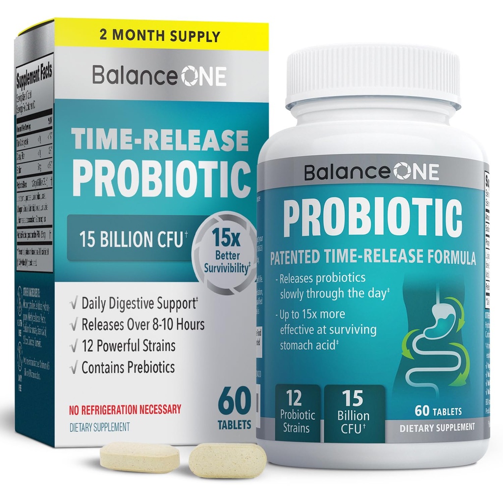 Balance ONE Probiotic per Donne & Uomini – Time-Release Tablets per 15x Survivability – Formula 12-Strain con L. Plantarum & L. Acidophilus – Gut & Digestive Health Support – 60 compresse