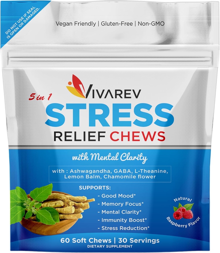 Stress Relief Ashwagandha Gummies - Formulato con Ashwagandha, GABA, L Theanine, Lemon Balm & Chamomile Flower come Stress Relief e Focus Supplement- Natural Raspberry Flavor, Confezione da 60