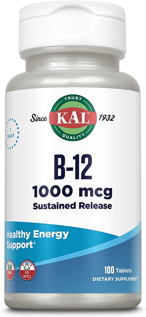 KAL Vitamina B12 1000mcg, Supplemento di rilascio prolungato per l'energia sana, il metabolismo, la salute del cuore, Nerve e il supporto delle cellule del sangue rosso, la formula di lunga durata, Vegan, 100 Serve, 100 compresse